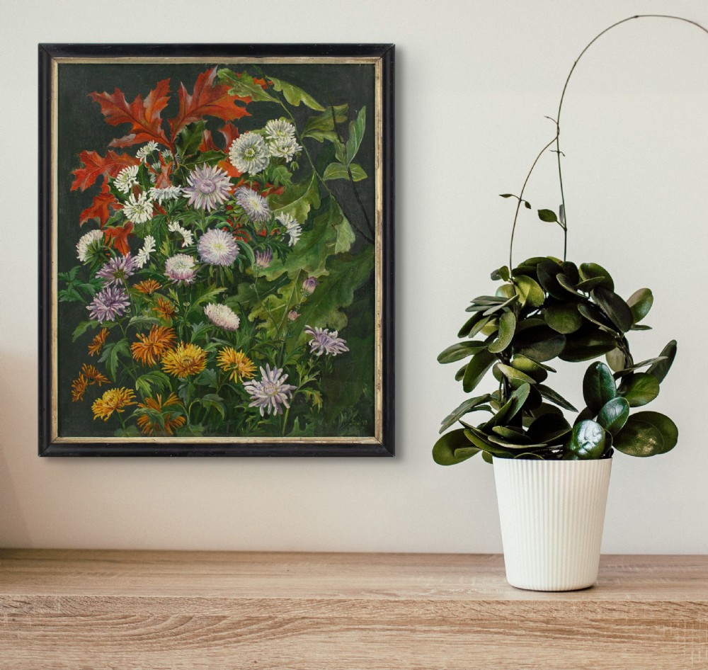 Late 19th-Century Danish School, Still Life With Chrysanthemums - Antique Oil Painting  View IV