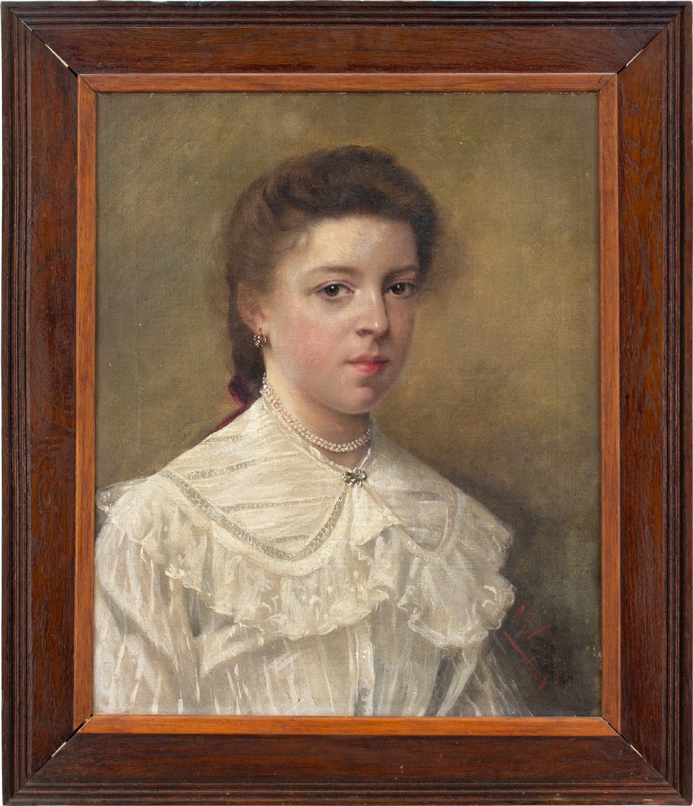 Early 20th-Century Belgian School, Portrait Of A Girl With Pearls - Antique Oil Painting 
