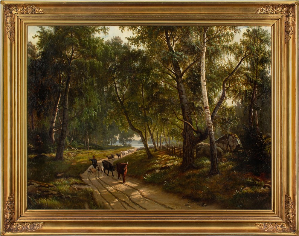 19th-Century Danish School, Forest Landscape With Cattle Drover - Antique Oil Painting 