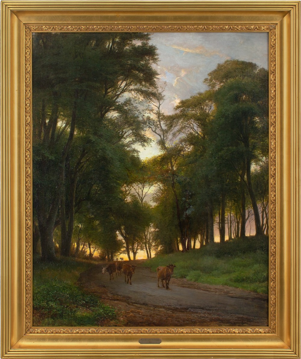 Edvard Petersen, Evening Landscape With Cattle - Antique Oil Painting 