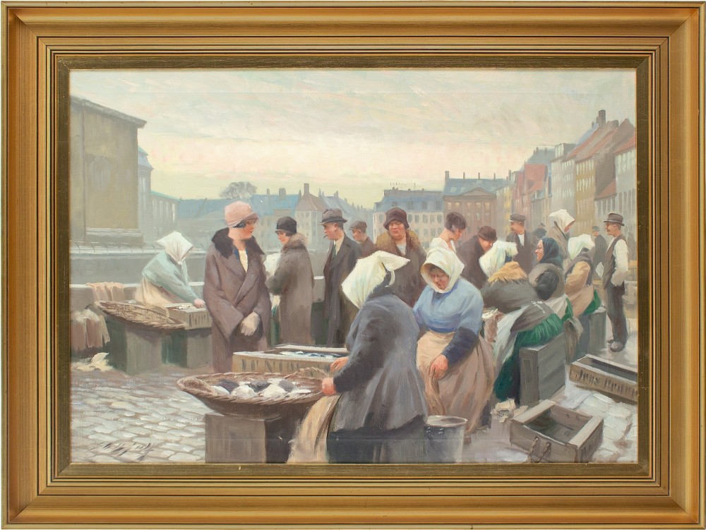 Søren Christian Bjulf, Fish Market At Gammel Strand, Copenhagen - Oil Painting 