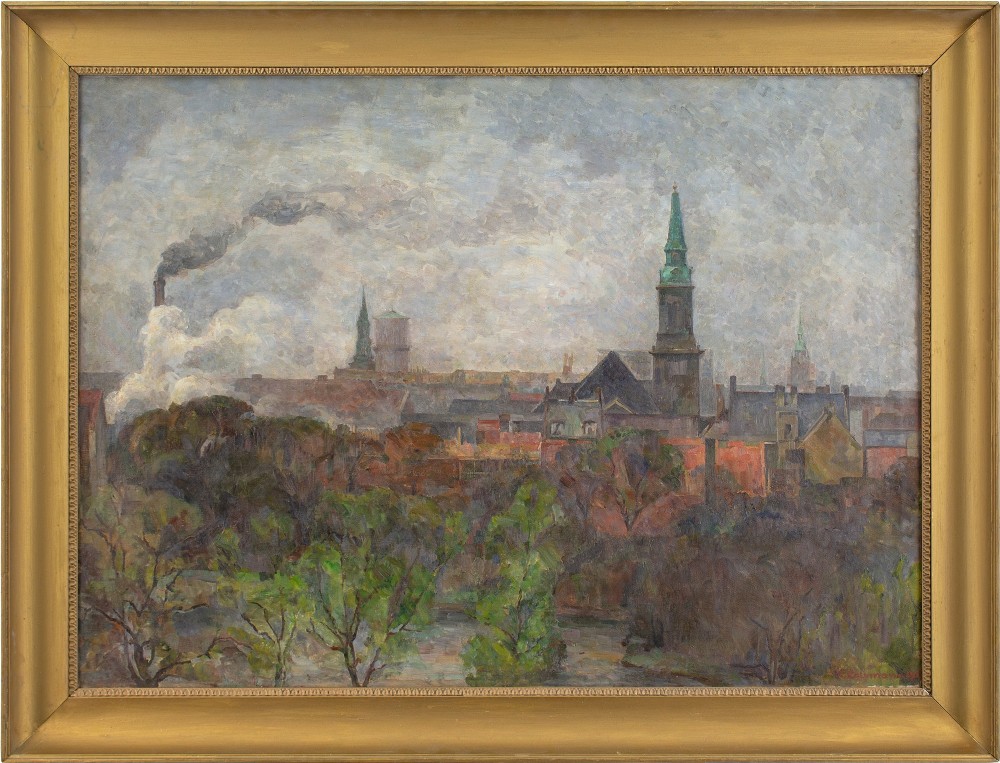 Carla Colsmann Mohr, Copenhagen Seen From Amager - Antique Oil Painting 