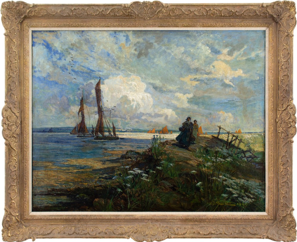 Elijah Albert Cox, Fishermen's Wives On A Dike, Return Of The Fleet - Antique Oil Painting 