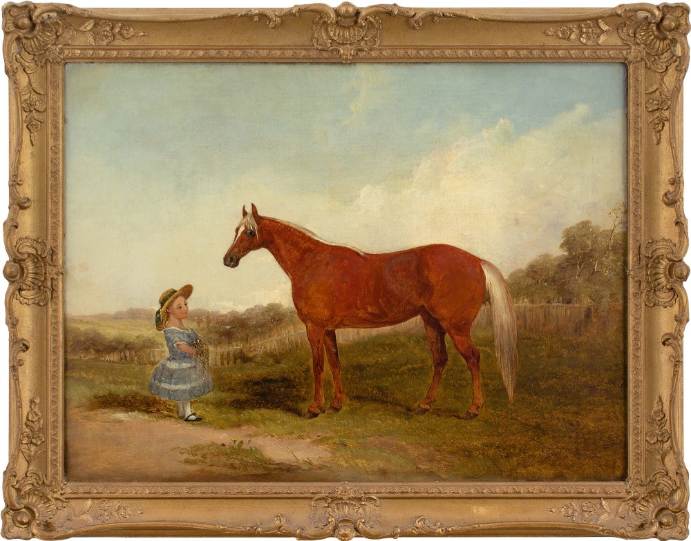 19th-Century English School, Portrait Of A Chestnut Horse & Girl - Antique Oil Painting 