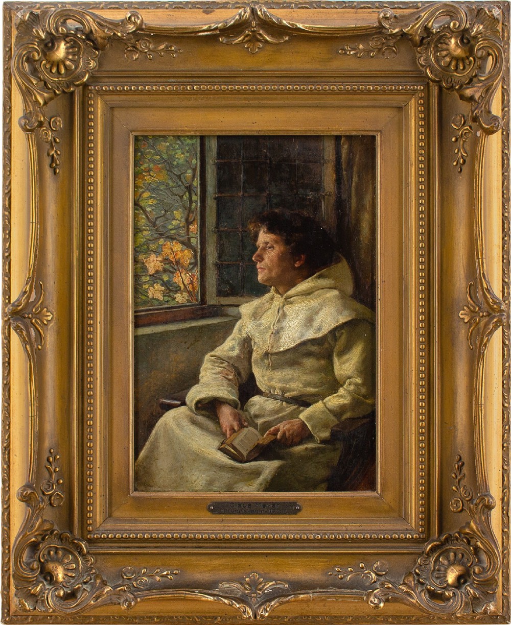 Claus Meyer, A Monk Contemplating By An Open Window - Antique Oil Painting 