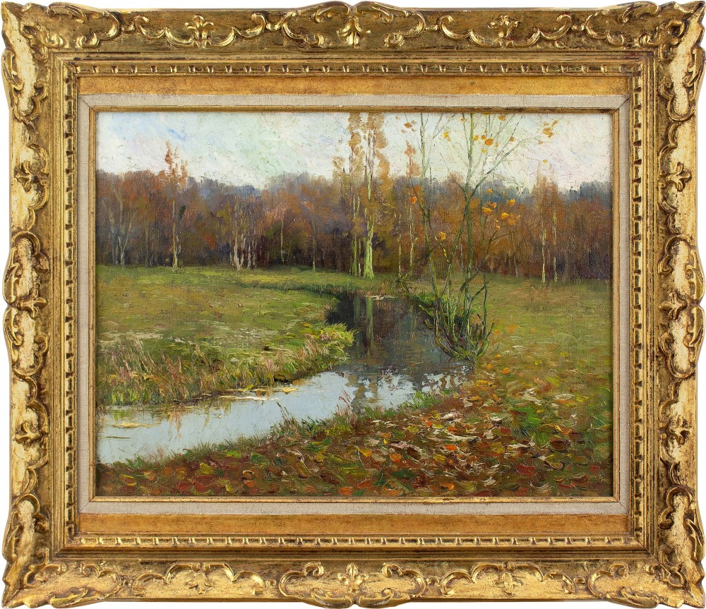 Early 20th-Century German School, Autumnal Landscape With Stream - Antique Oil Painting 