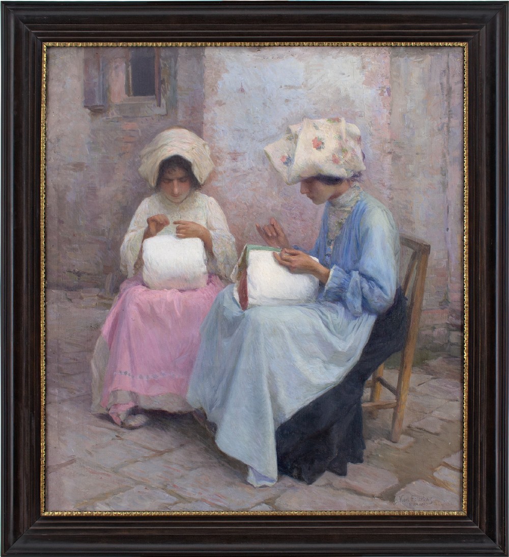 Karl Feiertag, Lacemakers At Burano, Venice - Large Antique Oil Painting 