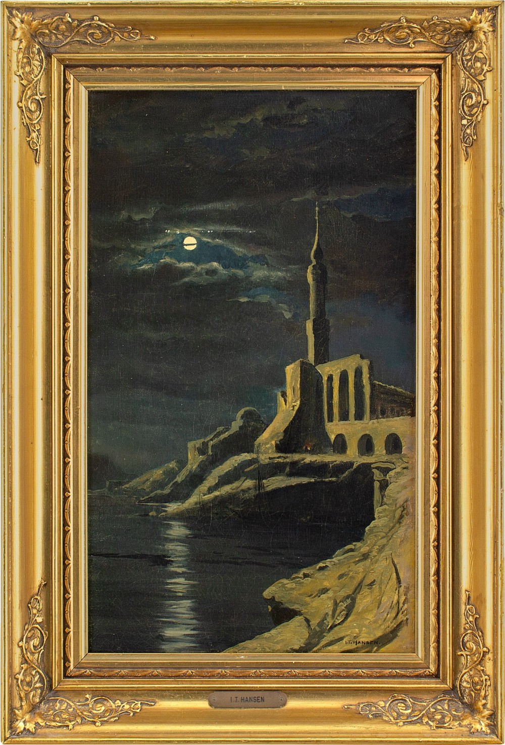 Josef Theodor Hansen, Nocturnal Study Of A Mosque By A Coastline - Antique Oil Painting 