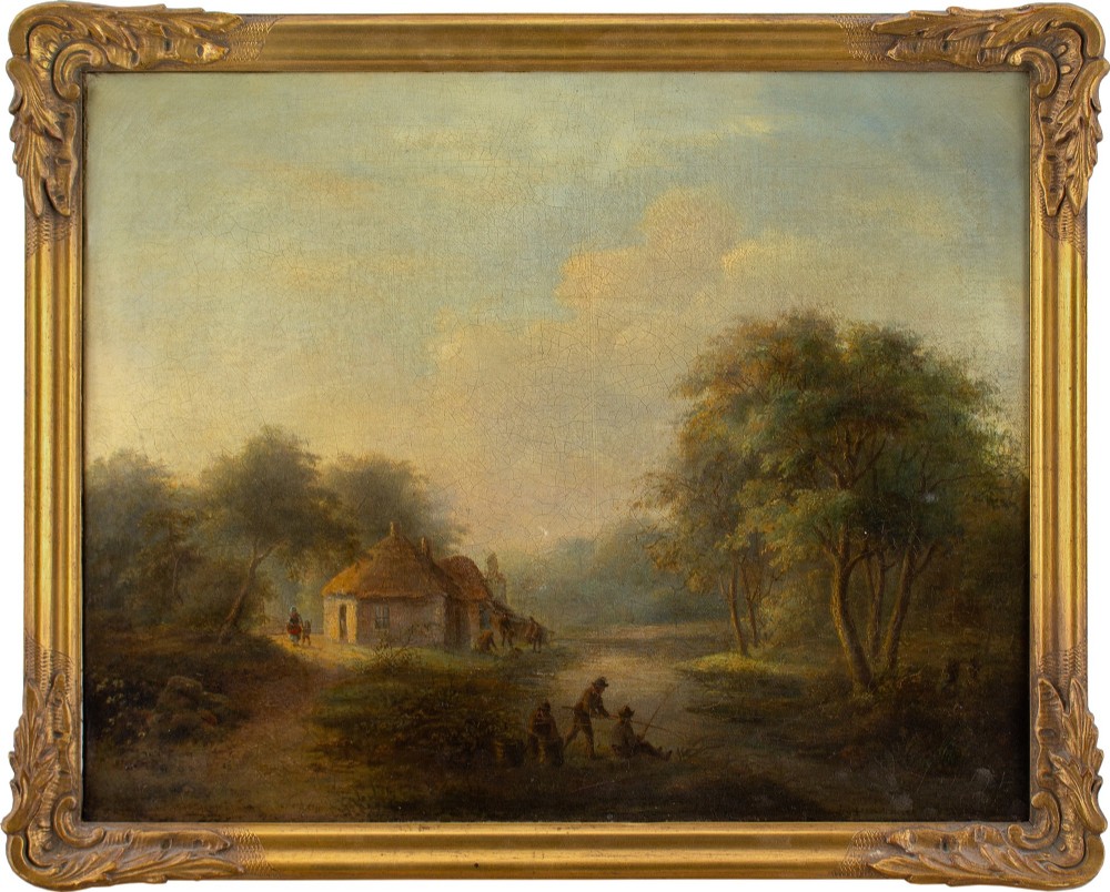 Early 19th-Century Swedish School, River Landscape With Cottages & Fishermen - Antique Oil Painting 