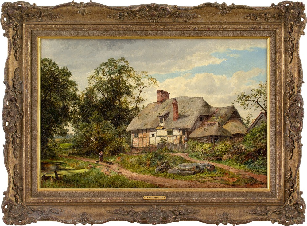 David Bates, Rural Landscape With Thatched Cottage, Country Track & Pond - Antique Oil Painting 