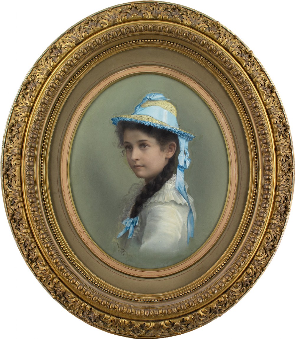 Richard Konkély, Portrait Of A Young Lady - Antique Oil Painting 