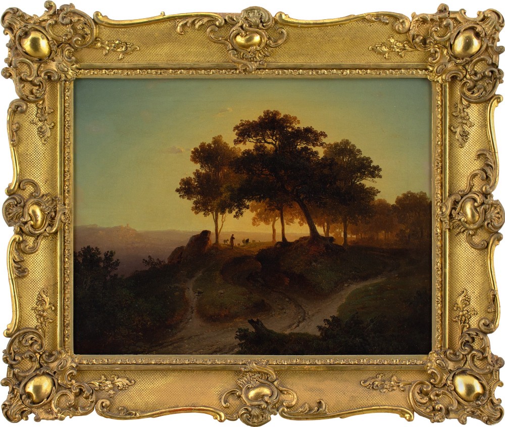 Theodor Kotsch, Evening Landscape With Shepherd - Antique Oil Painting 