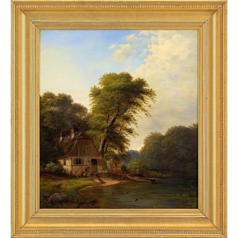 19th-Century Danish School, River Landscape With Cottage - Antique Oil Painting 