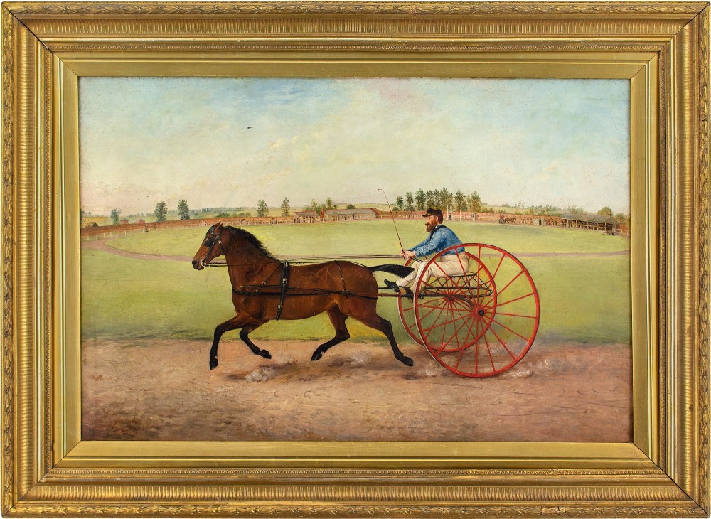 19th-Century British Folk Art, Harness Racing - Antique Oil Painting 