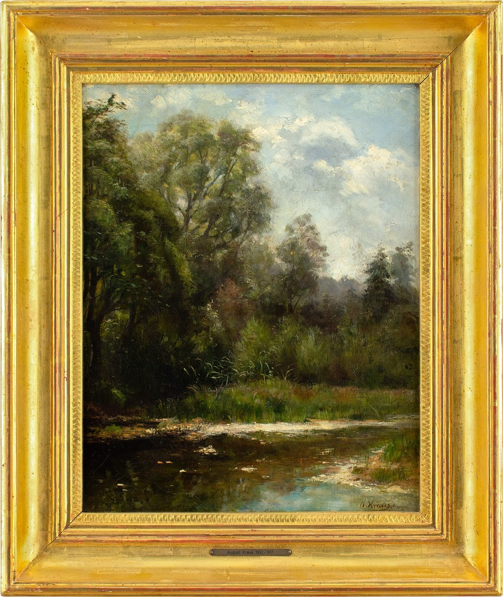 August Kraus, Landscape With Pond - Antique Oil Painting 