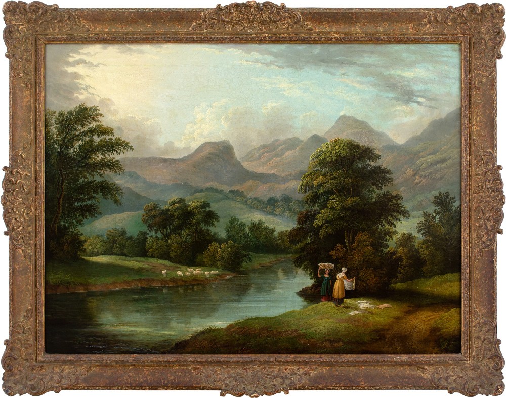Early 19th-Century British School, River Landscape With Women Washing Laundry - Antique Oil Painting 