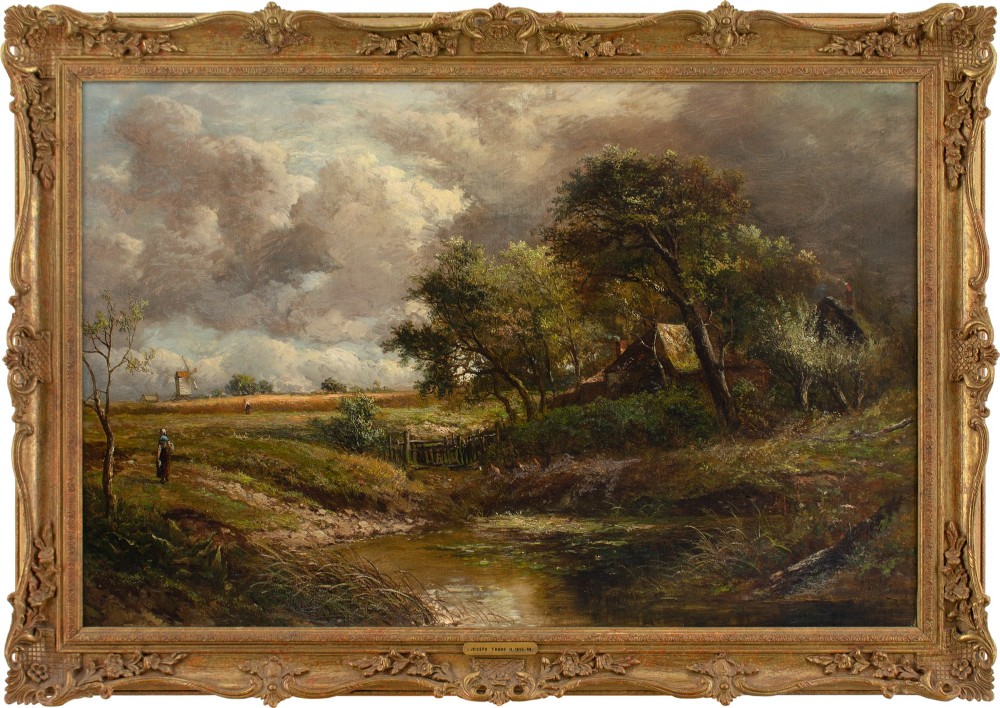 Joseph Thors, Rustic Scene With Cottage & Pond - Antique Oil Painting