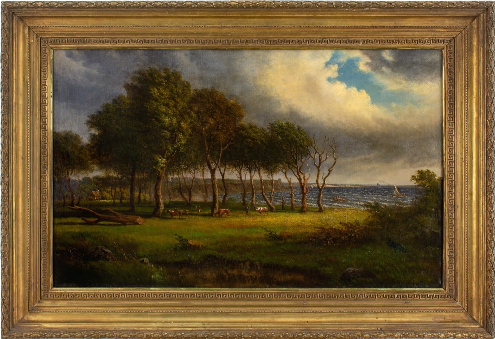 Christian Berthelsen, Coastal Landscape With Cattle - Antique Oil Painting 