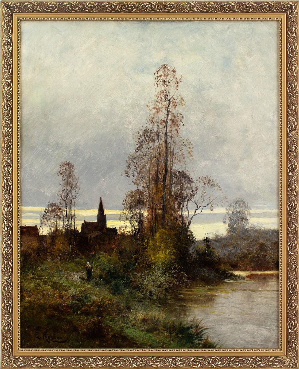 Everhardus Koster, Landscape With Lake & Church - Antique Oil Painting 