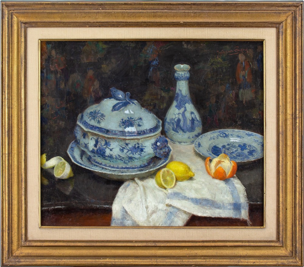 Jef Van De Fackere, Still Life With Ceramics, Lemons & Orange - Oil Painting