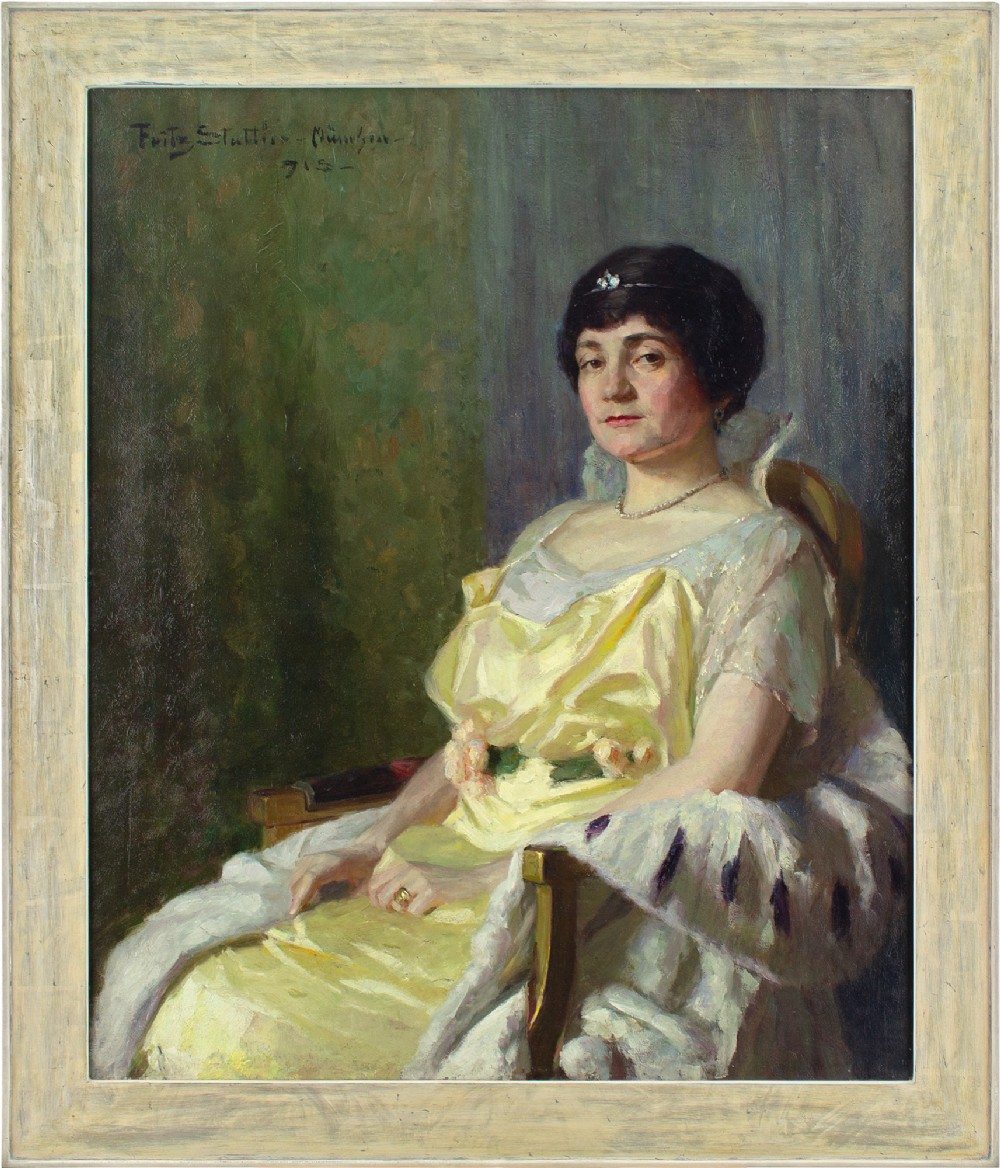Fritz Sattler, Portrait Of A Lady With Robes - Large Antique Oil Painting 