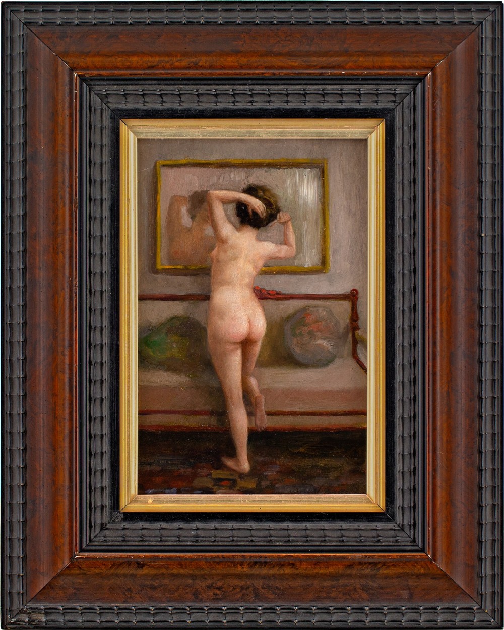 Early 20th-Century German School, Interior With Nude & Mirror - Oil Painting 