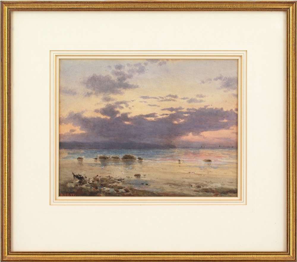 William Stephen Coleman, Coastal Landscape With Sunset - Antique Watercolour 