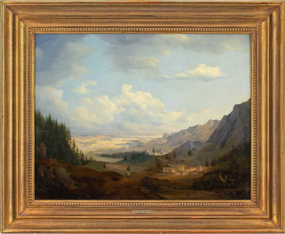 Max Josef Wagenbauer (School), Alpine Landscape With Cabin - Antique Oil Painting 