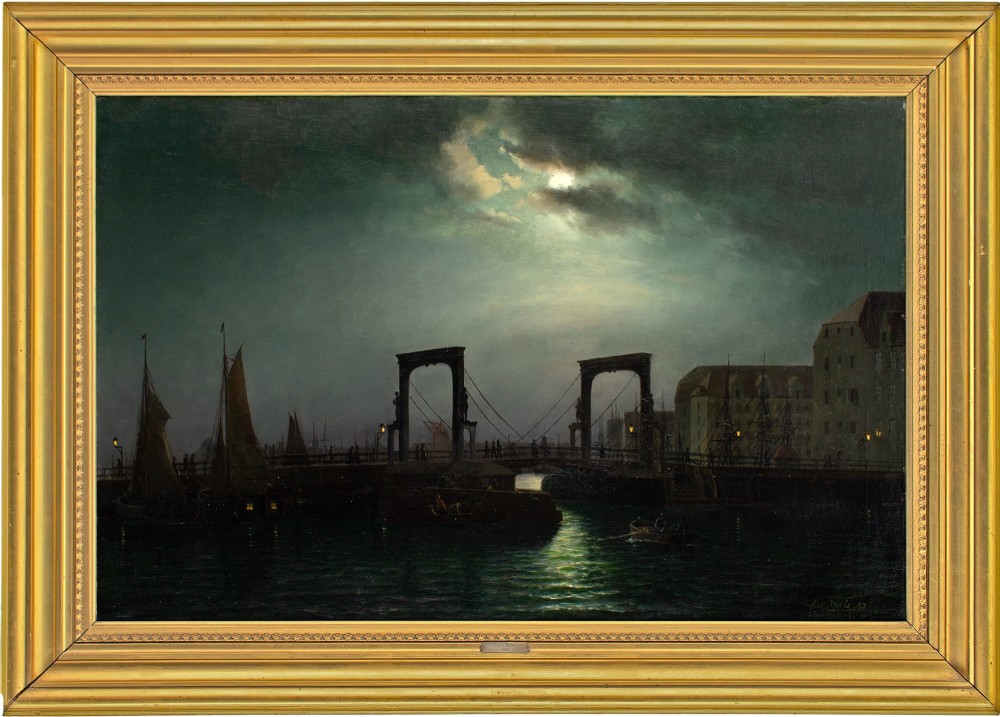 Carl Bille, Evening Near The Old Knippelsbro In Copenhagen - Antique Oil Painting 