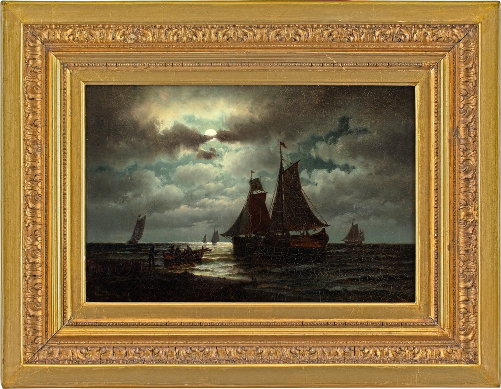 Carl Bille, Coastal Nocturne With Sailboats - Antique Oil Painting 