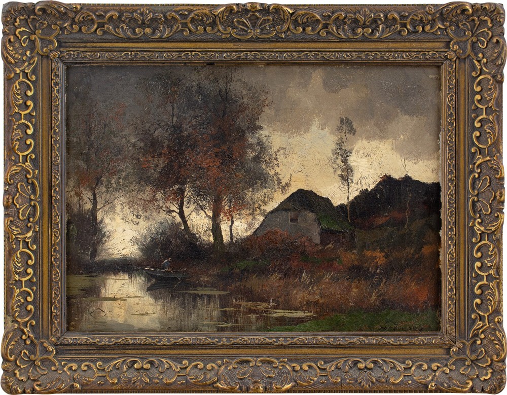 Early 20th-Century, River Landscape With Cottage - Oil Painting 