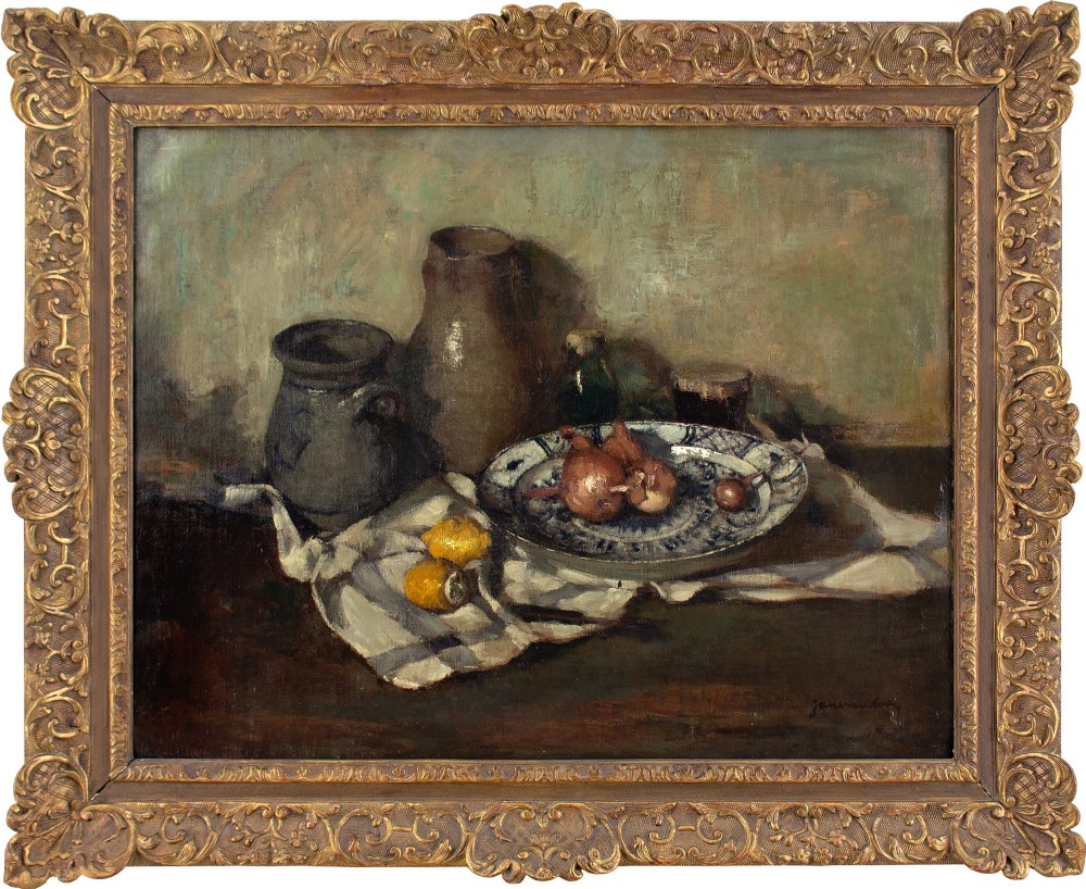 Jan Van Looy, Still Life With Ceramics, Onions & Lemons - Oil Painting 