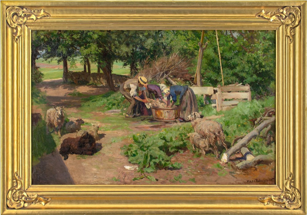 Viggo Pedersen, Sheep Shearing - Antique Oil Painting 