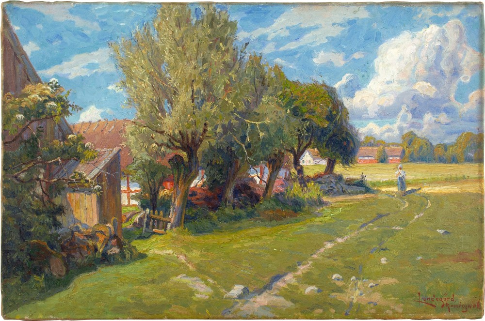 Justus Lundegård, Landscape With Farm - Antique Oil Painting 