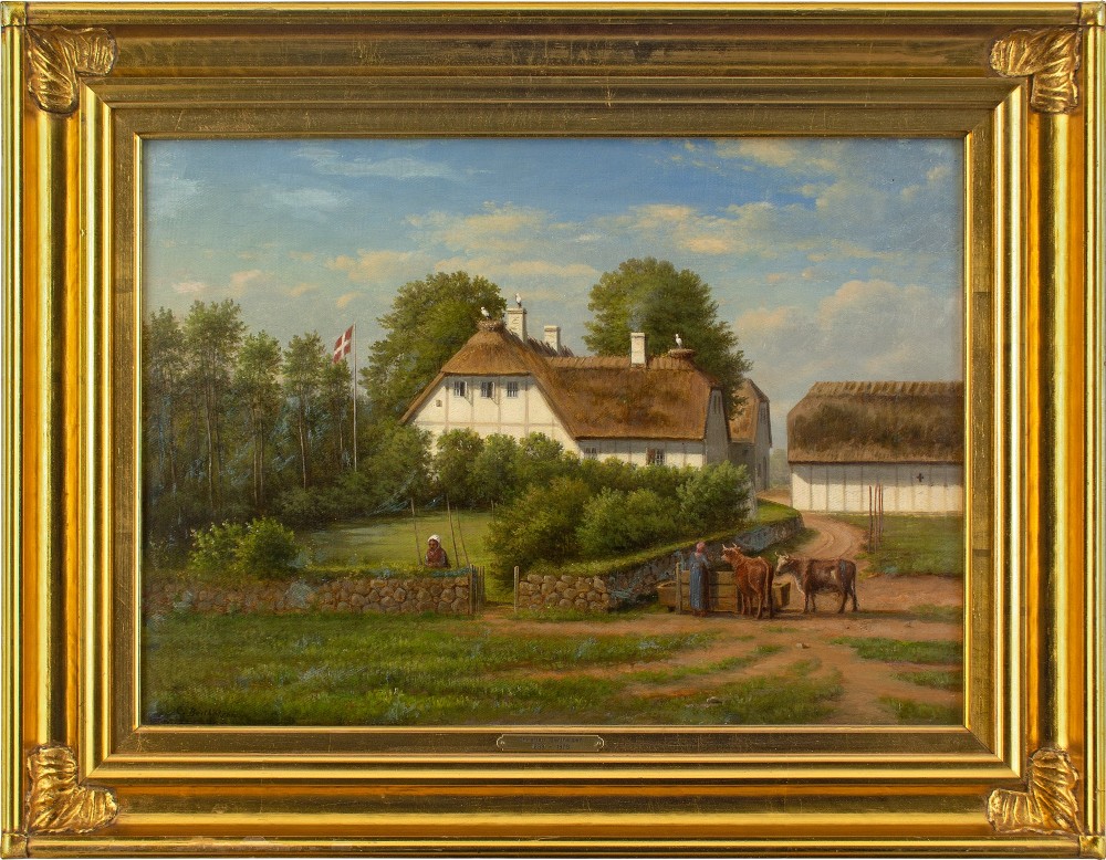 Christian Berthelsen, Village Landscape With Thatched Cottage & Storks - Antique Oil Painting 