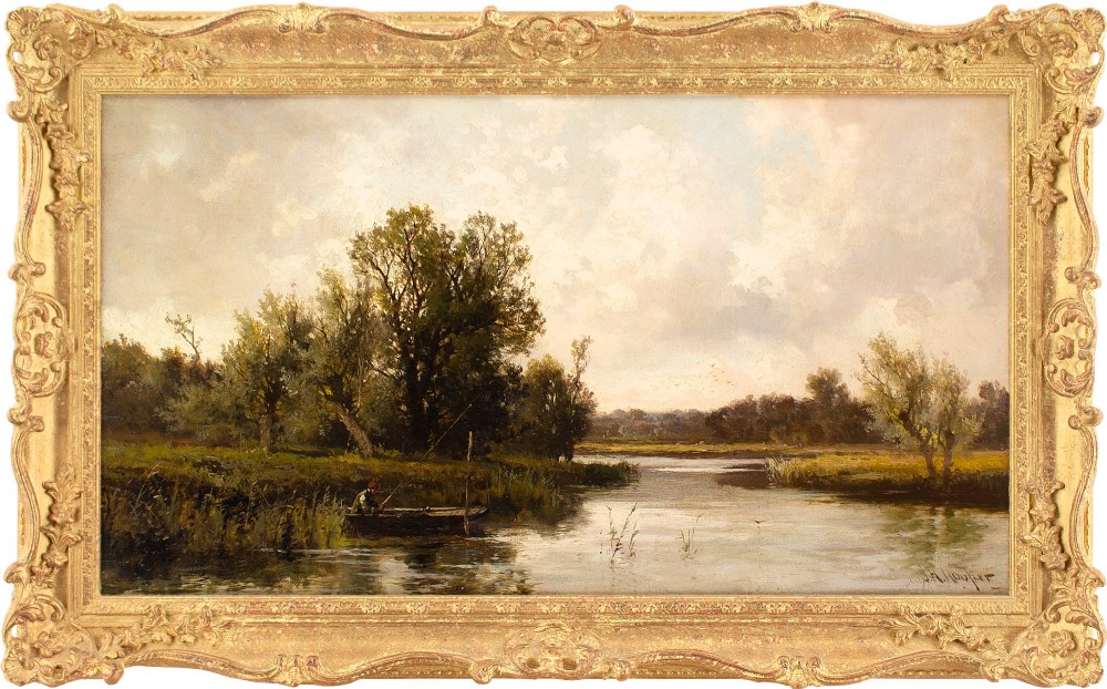 John Horace Hooper, River Landscape With Angler - Antique Oil Painting 