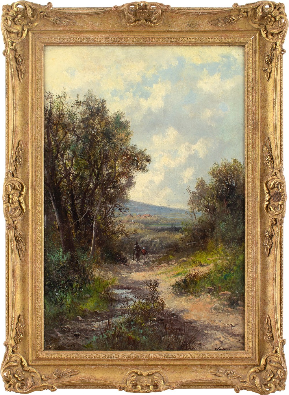 Abraham Hulk Junior, Autumnal Landscape With Father & Child - Antique Oil Painting 
