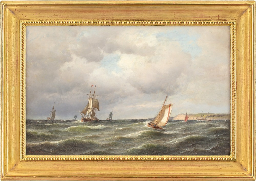 Carl Bille, Coastal Marine Scene With Ships & Overcast Sky - Oil Painting 