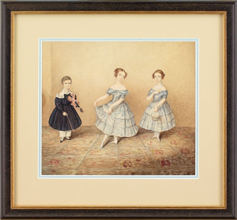 19th-Century English School, Group Portrait Of Three Children - Antique Watercolour 