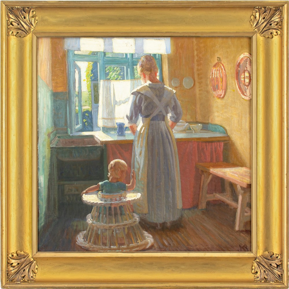 Knud Sinding, Kitchen Interior With Mother & Child - Antique Oil Painting 