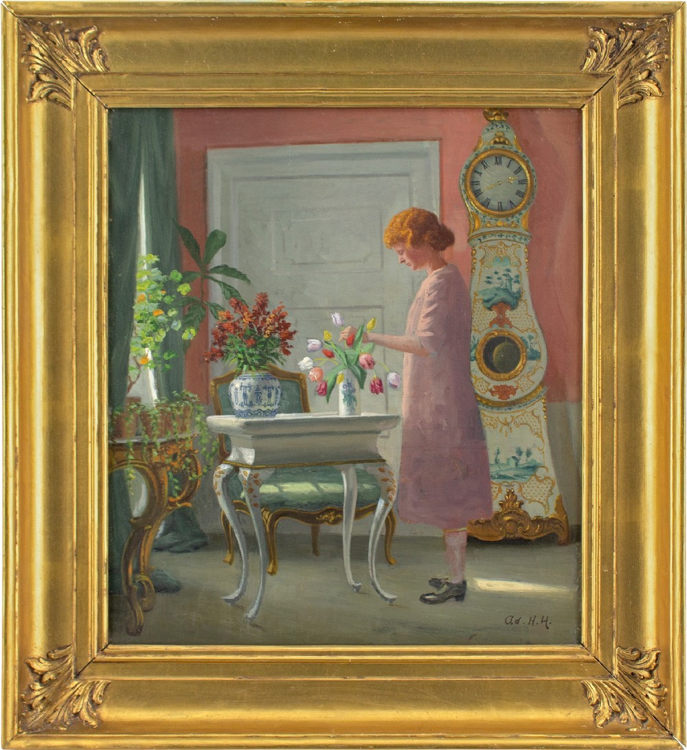 Adolf Heinrich-Hansen, Interior With Girl Arranging Flowers - Antique Oil Painting 