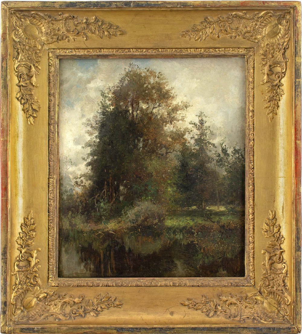 Karl Peter Burnitz, Woodland View With Pond - Antique Oil Painting 