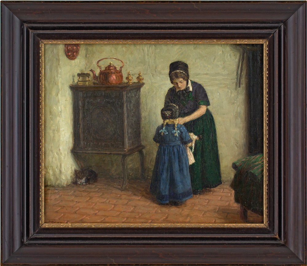 Valdemar Magaard, Interior With Mother & Child - Antique Oil Painting 
