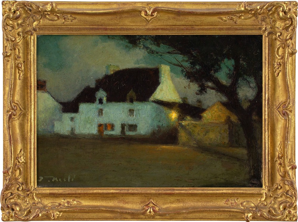 Joseph-Paul Mesle, White House At Dusk, Brittany - Antique Oil Painting 