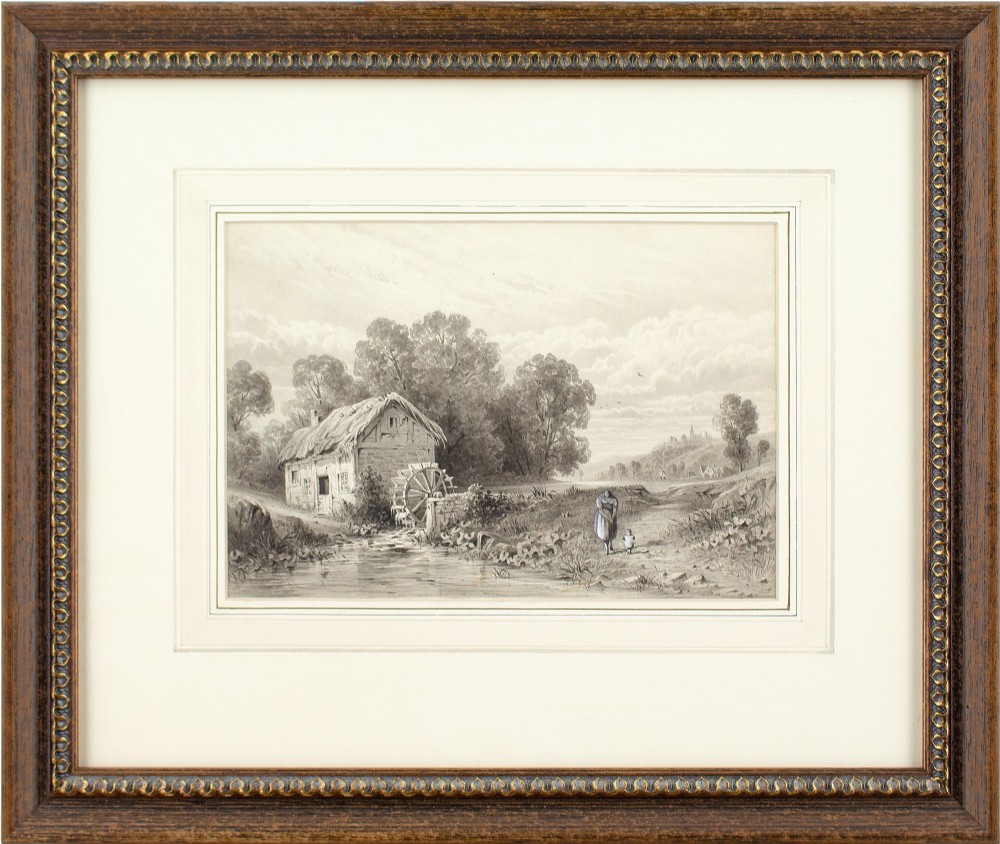 Edmond Albert Joseph Tyrel de Poix (Attributed), Landscape With Watermill, Mother & Child - Antique Drawing 
