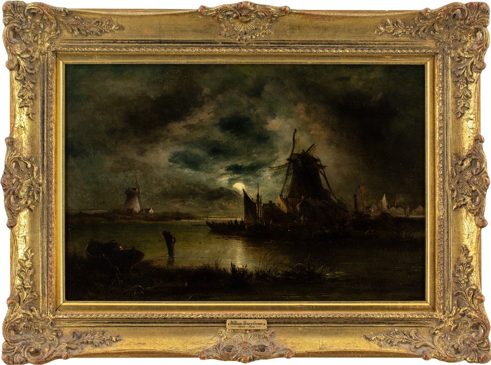 William Henry Crome, River Nocturne With Windmills - Antique Oil Painting 