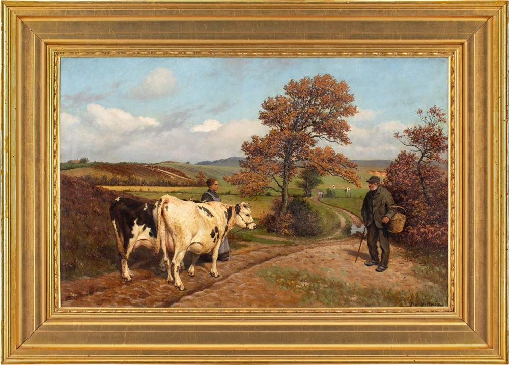 Poul Steffensen, Landscape With Cattle & Figures - Large Antique Oil Painting 