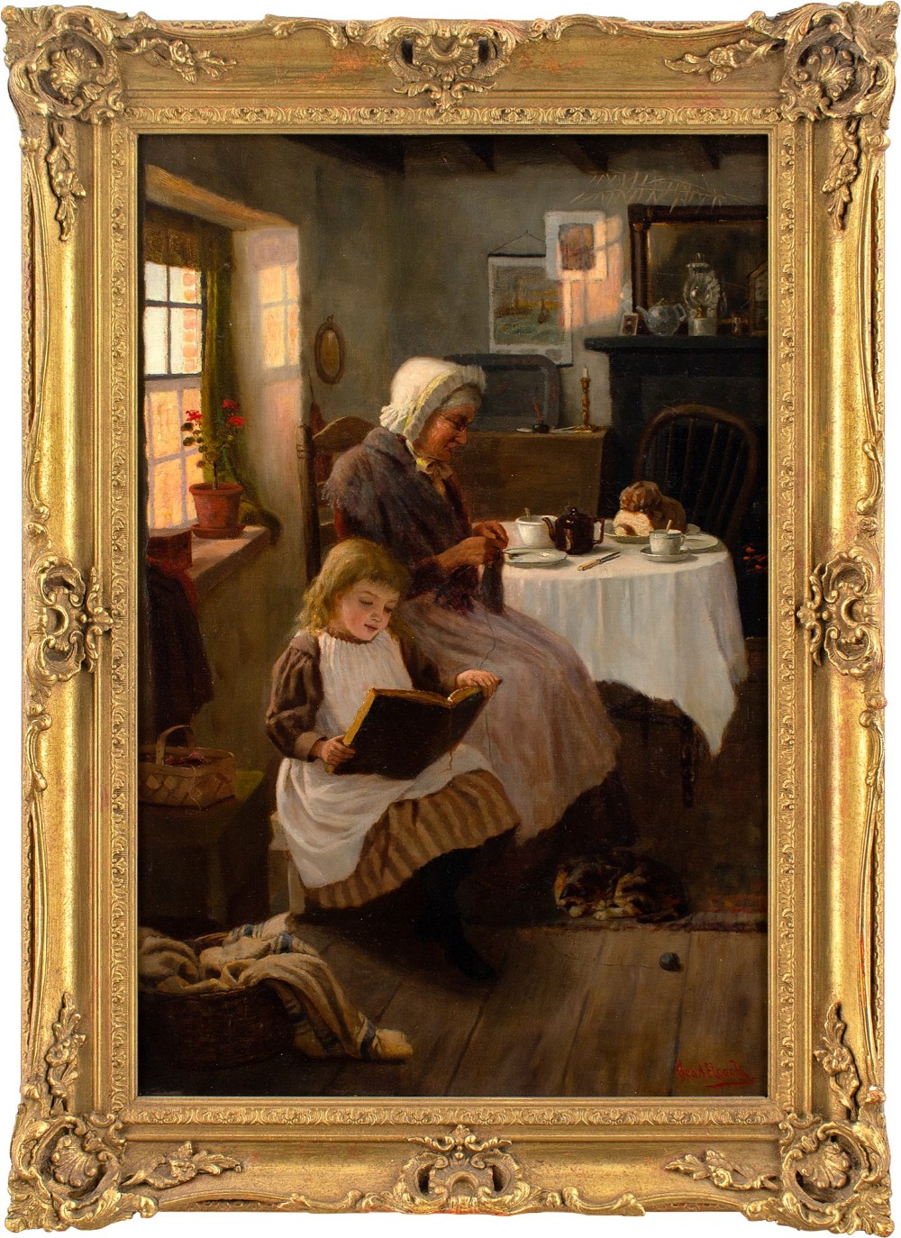 George A Elcock, Reading For Grandma - Antique Oil Painting 