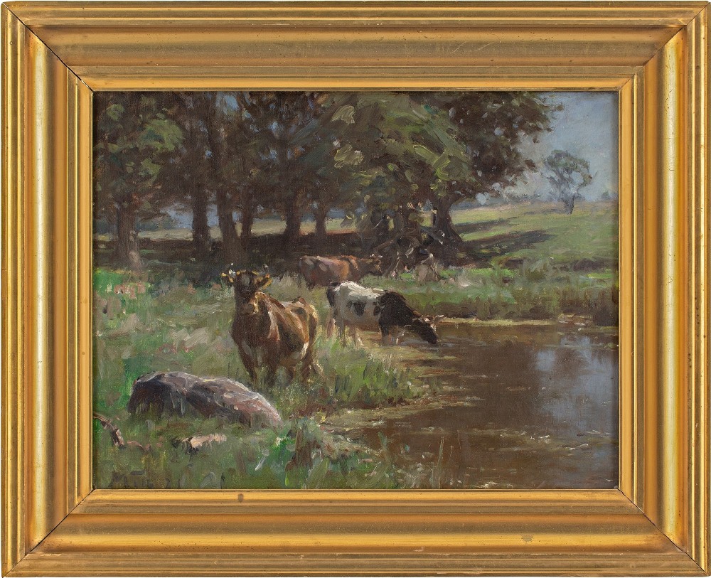 Michael Therkildsen, Pastoral Landscape With Cattle & Pond - Antique Oil Painting