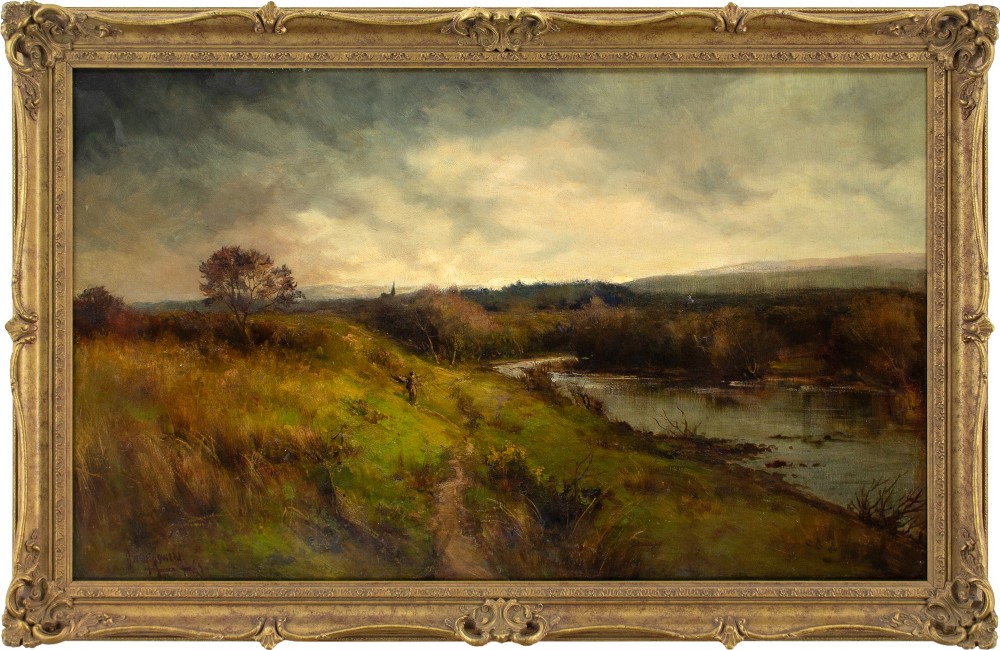 Owen Bowen ROI, River Landscape With Figure - Antique Oil Painting 